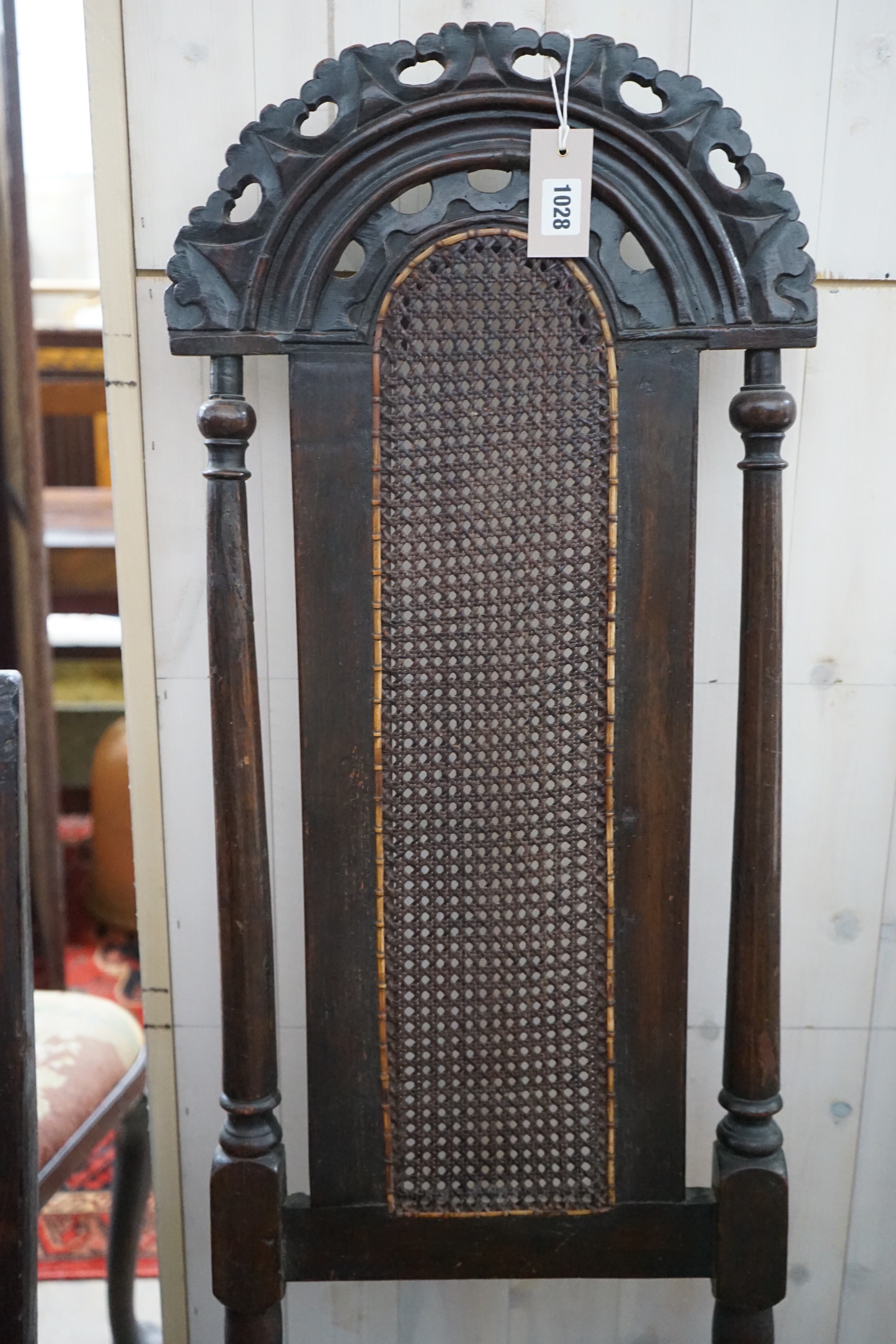 A Carolean style caned high back dining chair together with two other chairs